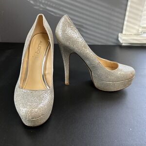 Aldo Women's 7.5 Silver Glitter Stiletto Platform Heels Eound Toe Formal Wedding